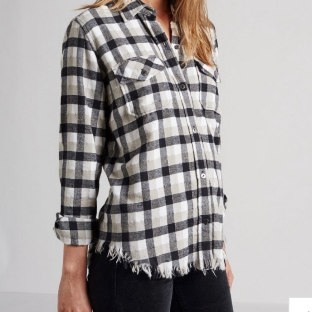 Current/Elliott Simon Plaid Fringe Hem Button down